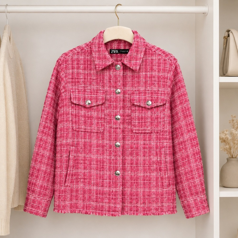 Zara Womens Pink Plaid Tweed Shacket Button Front Fringe Trim Jacket Size M